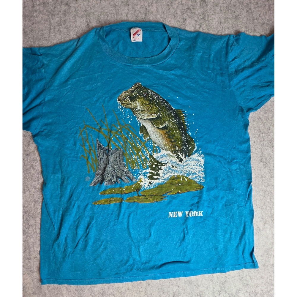 VTG 90s Jerzees Largemouth Bass Fishing T-Shirt XL New York USA Made Teal Blue